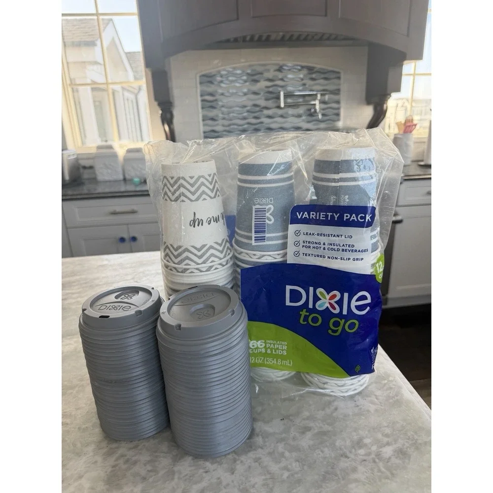 Opened Dixie To Go 59 insulated Disposable Coffee Cups 12 oz & Lids variety pack
